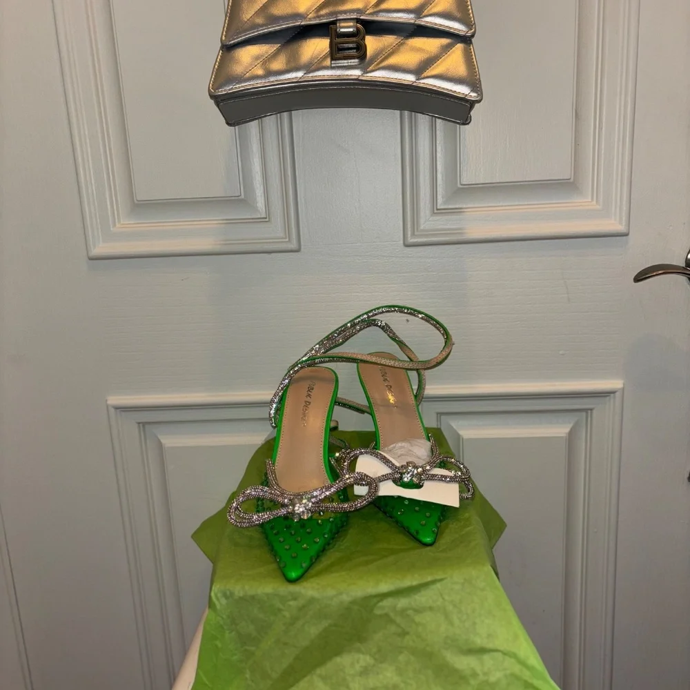 NEW Public Desire Azealia Neon Green Crystal Diamanté 7.5 Wrap Around Bow Heels - Picture 13 of 14